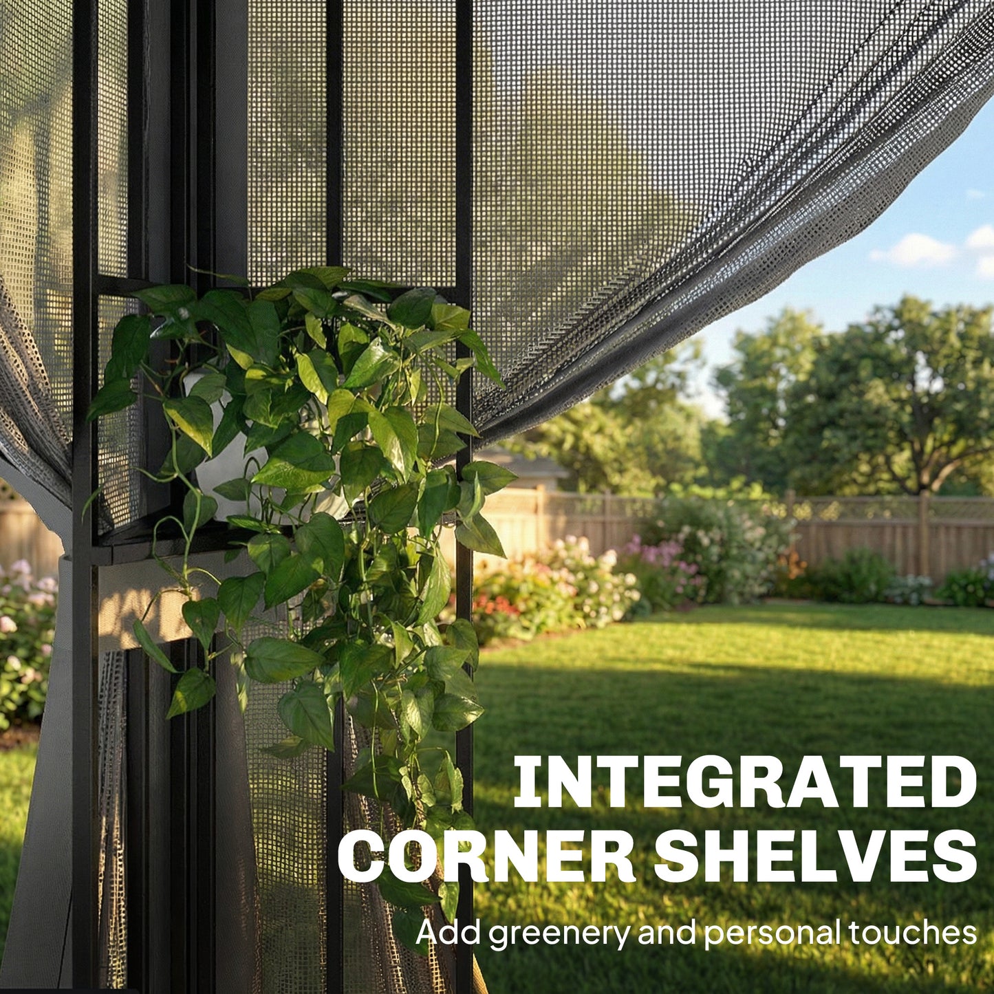 3x3.6m Permanent Garden Gazebo | Double-Tier UPF50+ Roof | Mesh Panels | Integrated Corner Shelves | Ceiling Hook | Triangular Powder-Coated Posts | Expansion Screws | Ground Stakes | Dark Grey
