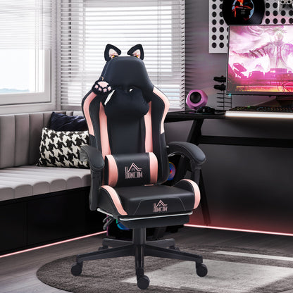 Cat Ear and Paw Reclining Office Chair, with Footrest - Black/Pink