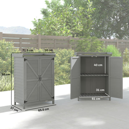 2-in-1 Fir Wood Potting Table & Garden Tool Storage Shed | Galvanised Metal Worktop | Double Doors | Shelf | Side Hooks | Raised Base | Water-Based Paint | 71.5x39x95cm | 30kg Capacity | Grey