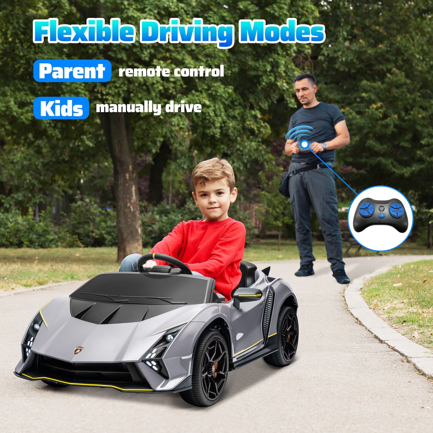 AIYAPLAY 12V Lamborghini Autentica Licensed Kids Electric Car with Remote Control, 4 Suspension Wheels, Soft Start, Grey / Pink