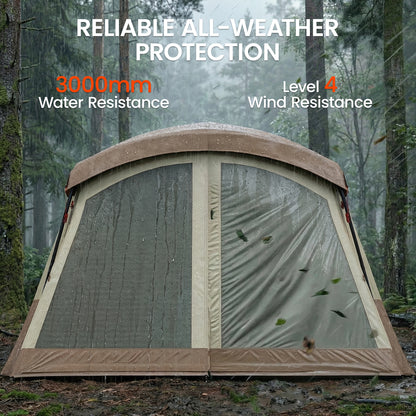 4-Person Cabin Camping Tent | 2 Rooms | 220cm Standing Height | 4 Skylights | 3000mm Waterproof | Sets Up in 5-15 Mins | 530 x 380 x 220cm | Brown & Khaki