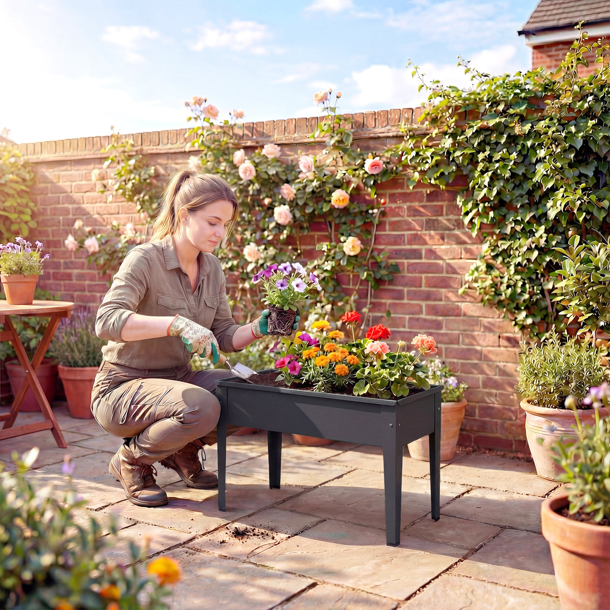 Raised Metal Planter on Legs | 20L Capacity | Drainage Hole | Polished Edges | Rubber Foot Covers | Balcony & Patio | 60x27x45cm | Black