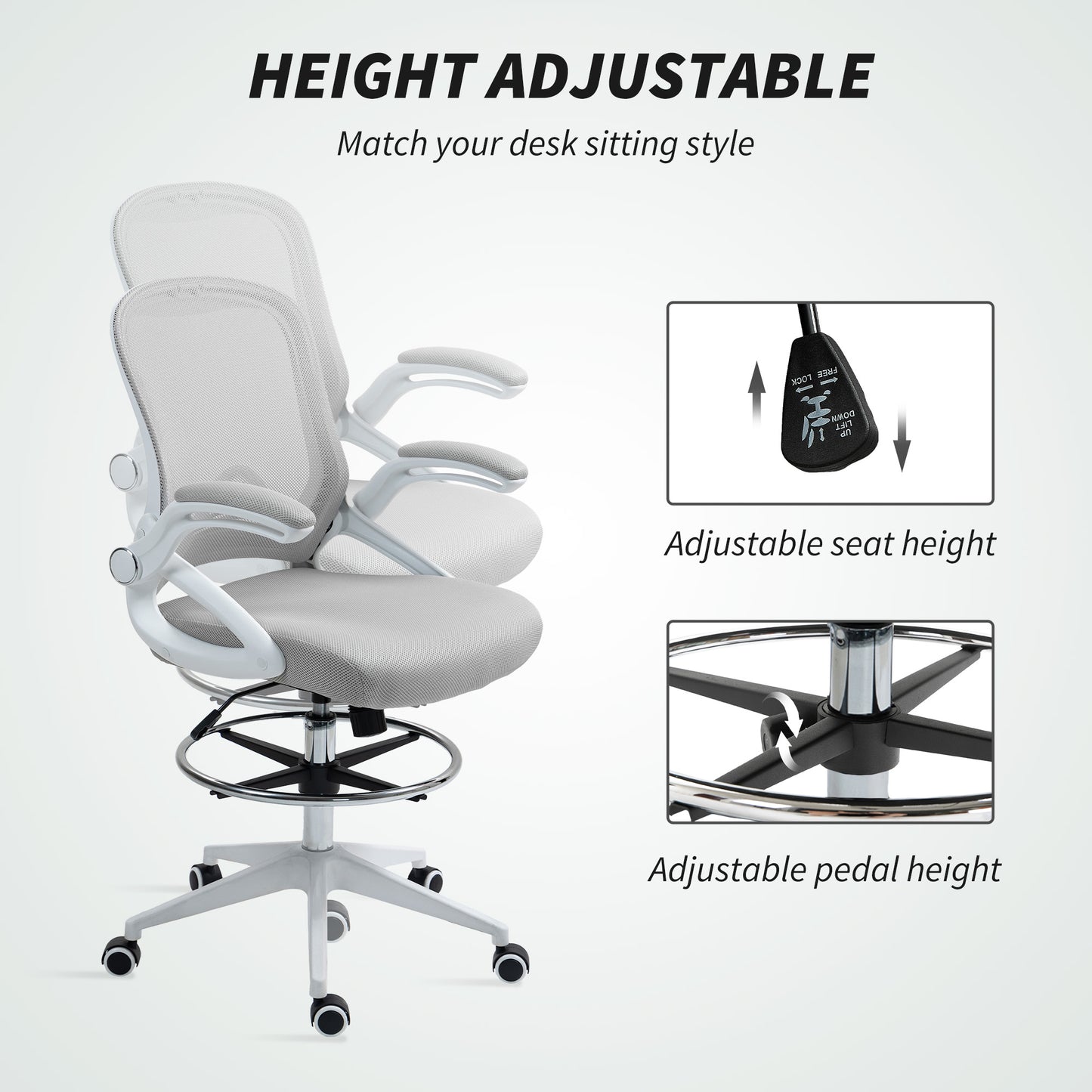 Drafting Chair for Standing Desk | Mesh Back | Foam Seat | Flip-Up Armrests | Foot Ring | 360° Swivel | Height Adjustable 106-126cm | 120kg | Light Grey