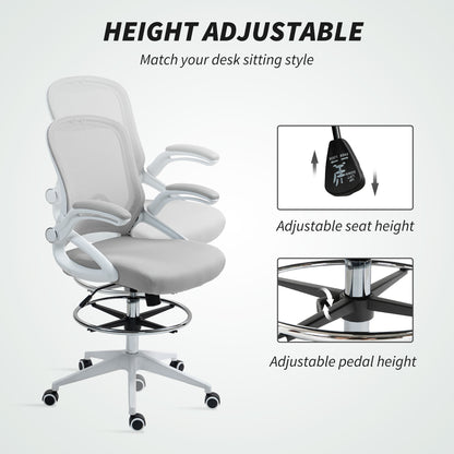 Drafting Chair for Standing Desk | Mesh Back | Foam Seat | Flip-Up Armrests | Foot Ring | 360° Swivel | Height Adjustable 106-126cm | 120kg | Light Grey