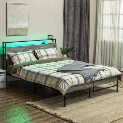King Steel Bed Frame, with LED Lights and Headboard Shelf - Grey
