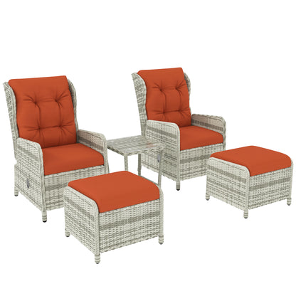 Outsunny 5 Pieces Rattan Bistro Set with Adjustable Back, Reclining Wicker Balcony Furniture with Cushions, Glass Top Coffee Table, Orange