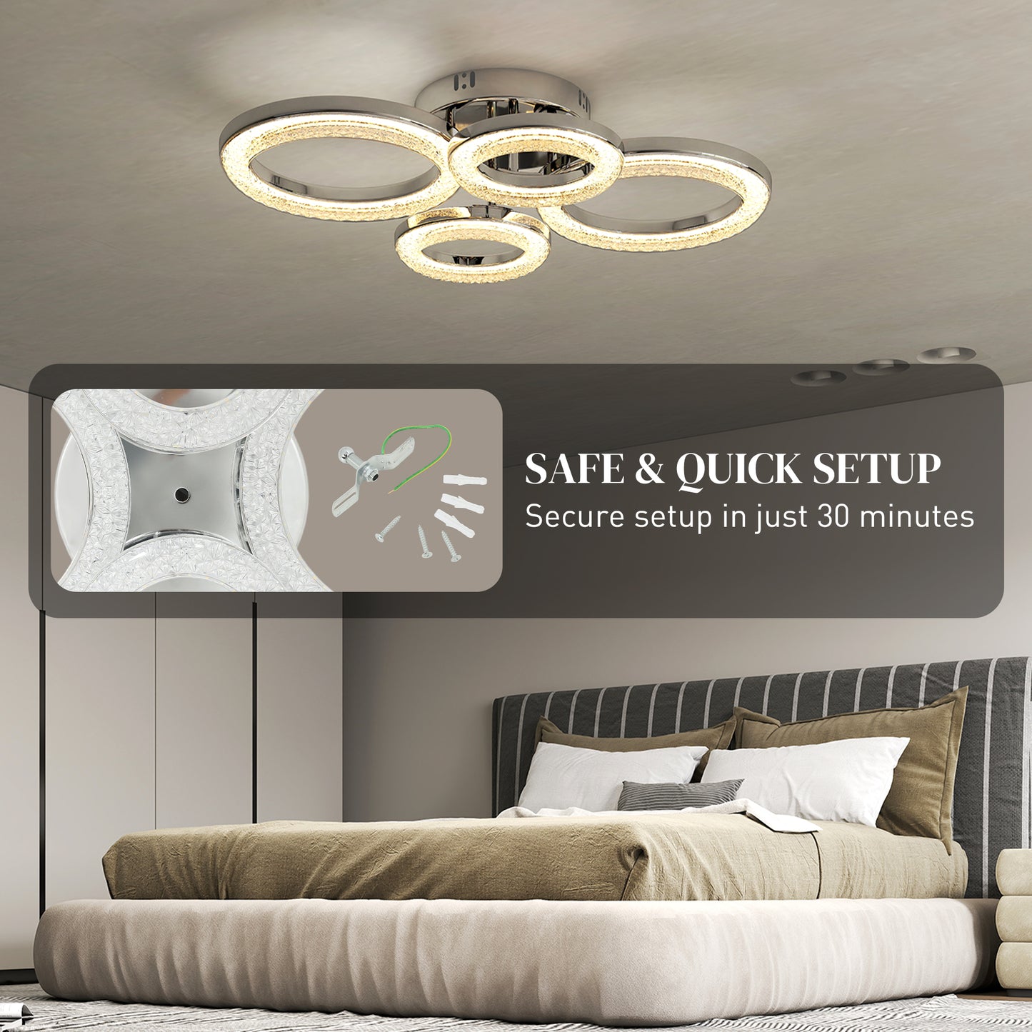 LED Ceiling Light, Modern 4 Rings Ceiling Lamp with Wall Switch Control, 40W 4350lm Flush Mount Ceiling Light with 3500K/4500K/6000K Colour Temperatures, Silver Tone