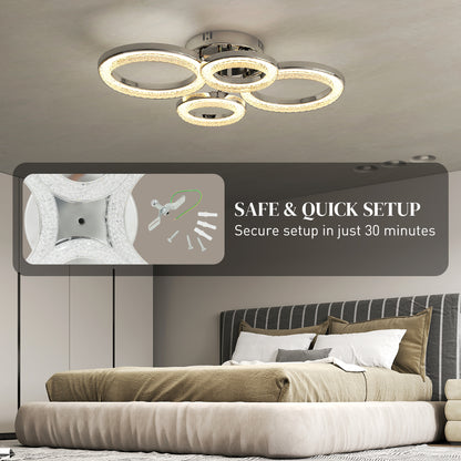 LED Ceiling Light, Modern 4 Rings Ceiling Lamp with Wall Switch Control, 40W 4350lm Flush Mount Ceiling Light with 3500K/4500K/6000K Colour Temperatures, Silver Tone
