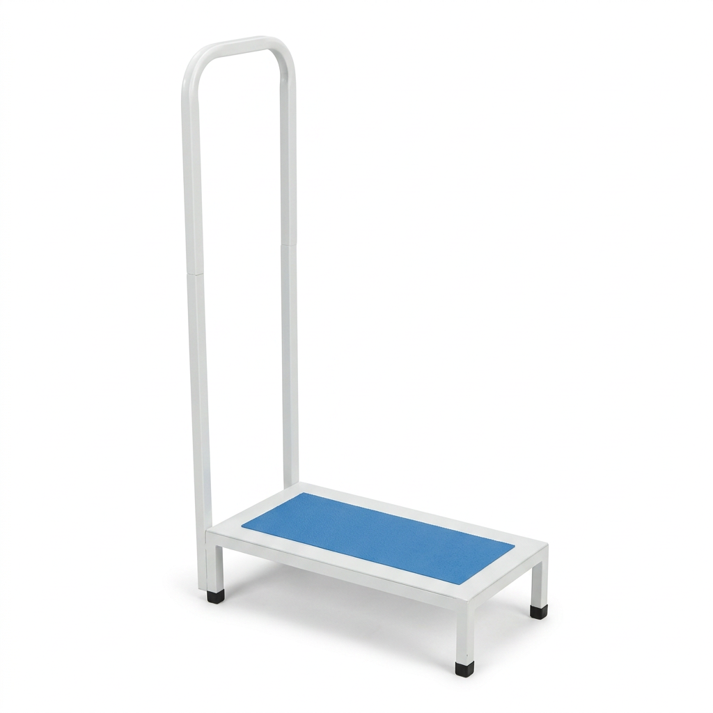 White-frame blue-platform bath step studio shot