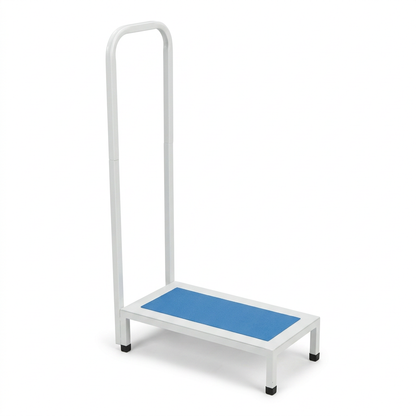 White-frame blue-platform bath step studio shot