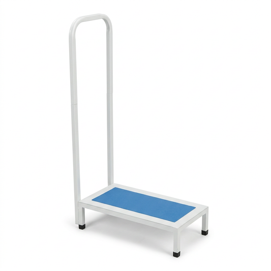 White-frame blue-platform bath step studio shot