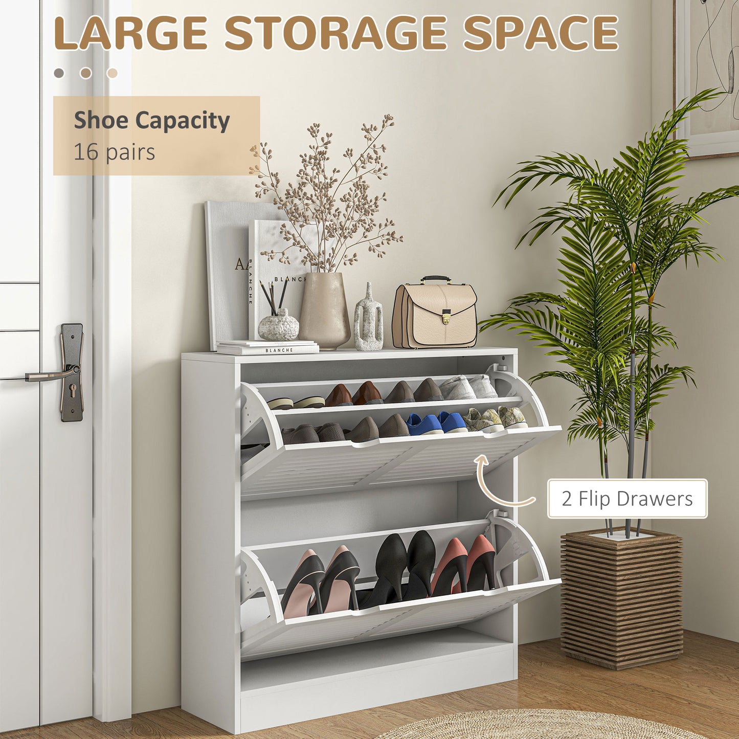 2 Drawers Entryway Shoe Cabinet, Narrow Storage Cabinet W/ 2 Flip Drawers, Louvred Door Design & Adjustable Shelves for 16 Pairs - White