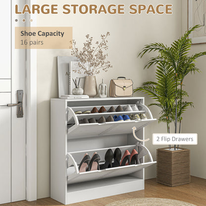 2 Drawers Entryway Shoe Cabinet, Narrow Storage Cabinet W/ 2 Flip Drawers, Louvred Door Design & Adjustable Shelves for 16 Pairs - White