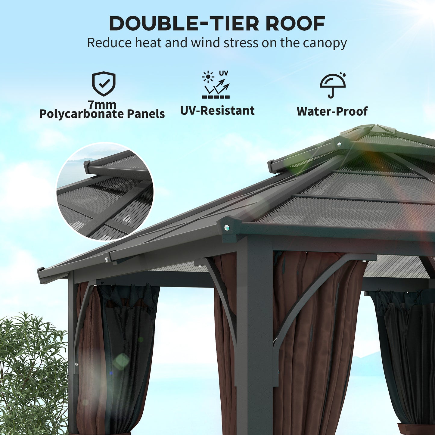 3 x 3(m) Hardtop Gazebo Canopy with 7mm Double Polycarbonate Roof, Garden Permanent Pavilion with Mosquito Netting, Brown