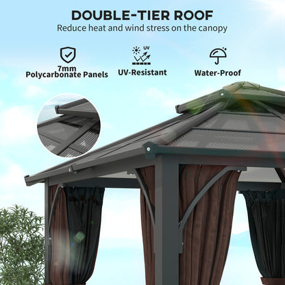 3 x 3(m) Hardtop Gazebo Canopy with 7mm Double Polycarbonate Roof, Garden Permanent Pavilion with Mosquito Netting, Brown