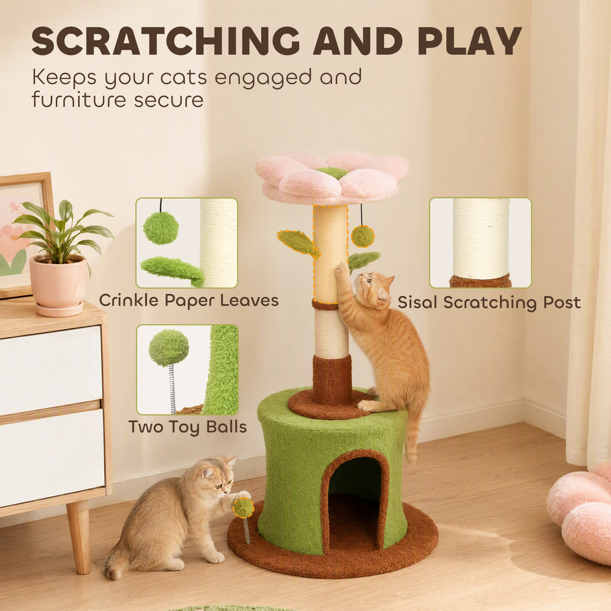 PawHut 88cm Flower Cat Tree | Condo & Plush Bed | Sisal Scratching Post | 3 Tiers | 2 Toy Balls & 2 Crinkle Leaves | 270g Plush | Peach Velvet | Freestanding | 48x48x88cm | 5kg Max | Green Pink Brown Beige