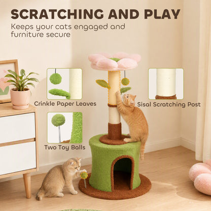 PawHut 88cm Flower Cat Tree | Condo & Plush Bed | Sisal Scratching Post | 3 Tiers | 2 Toy Balls & 2 Crinkle Leaves | 270g Plush | Peach Velvet | Freestanding | 48x48x88cm | 5kg Max | Green Pink Brown Beige