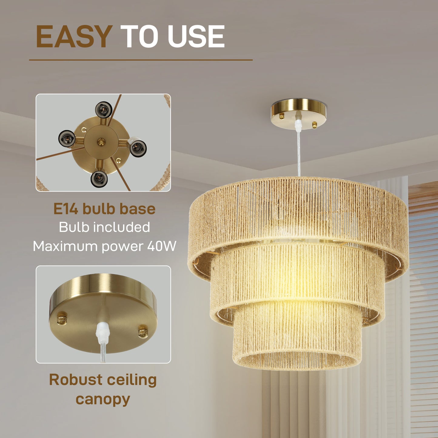 Hemp Rope Pendant Light, 3-Layer Boho Ceiling Light Shade, E14 Vintage Lampshade for Living Room, Bedroom, Kitchen, Hallway, Light Brown