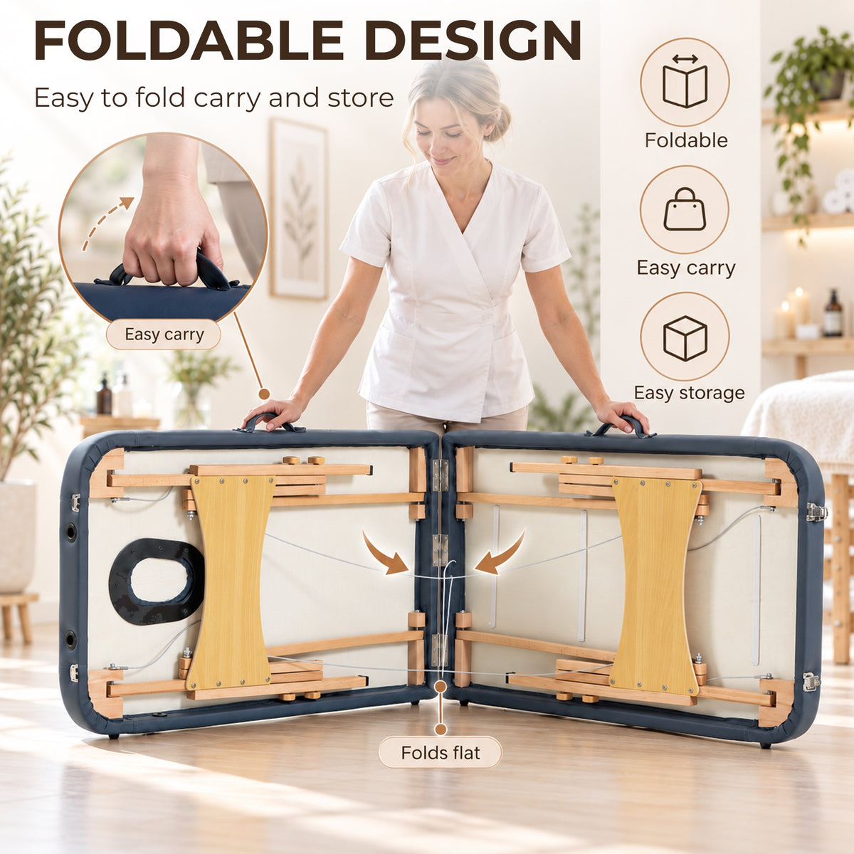 Portable Massage Table | Dark Blue 2-Section Folding Beauty Bed | Beech Frame, 4cm Padding & Carry Bag | Adjustable Height 67–92cm