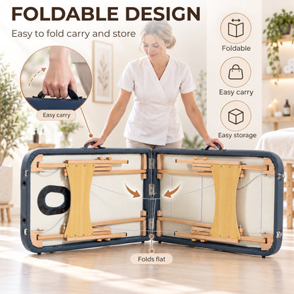 Portable Massage Table | Dark Blue 2-Section Folding Beauty Bed | Beech Frame, 4cm Padding & Carry Bag | Adjustable Height 67–92cm