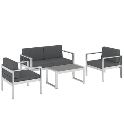 4 Piece Garden Sofa Set | Loveseat | 2 Armchairs | Coffee Table | 10cm Olefin Cushions | Brushed Aluminium | Wood Effect Table | 240kg | Dark Grey