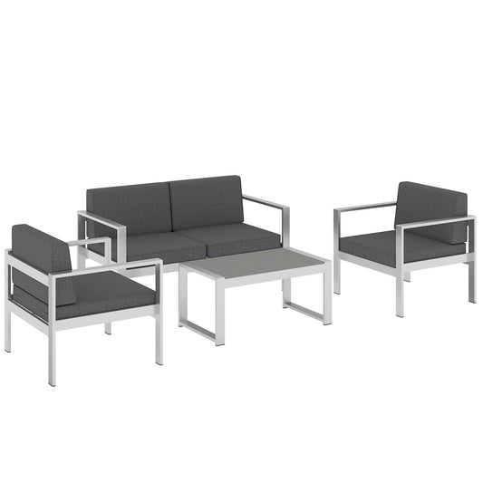 4 Piece Garden Sofa Set | Loveseat | 2 Armchairs | Coffee Table | 10cm Olefin Cushions | Brushed Aluminium | Wood Effect Table | 240kg | Dark Grey