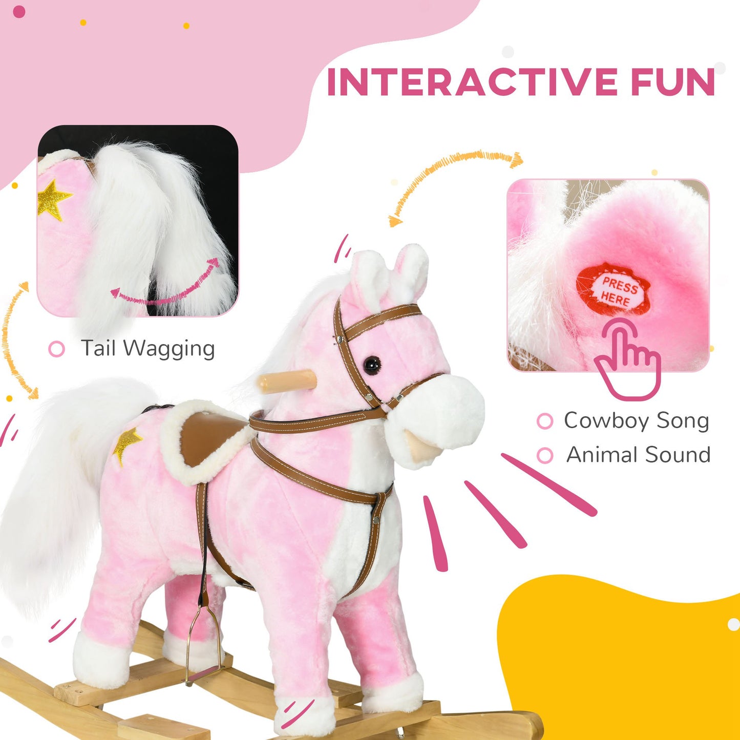 Wooden Rocking Horse with Music, Sound, Saddle for 3-6 Years