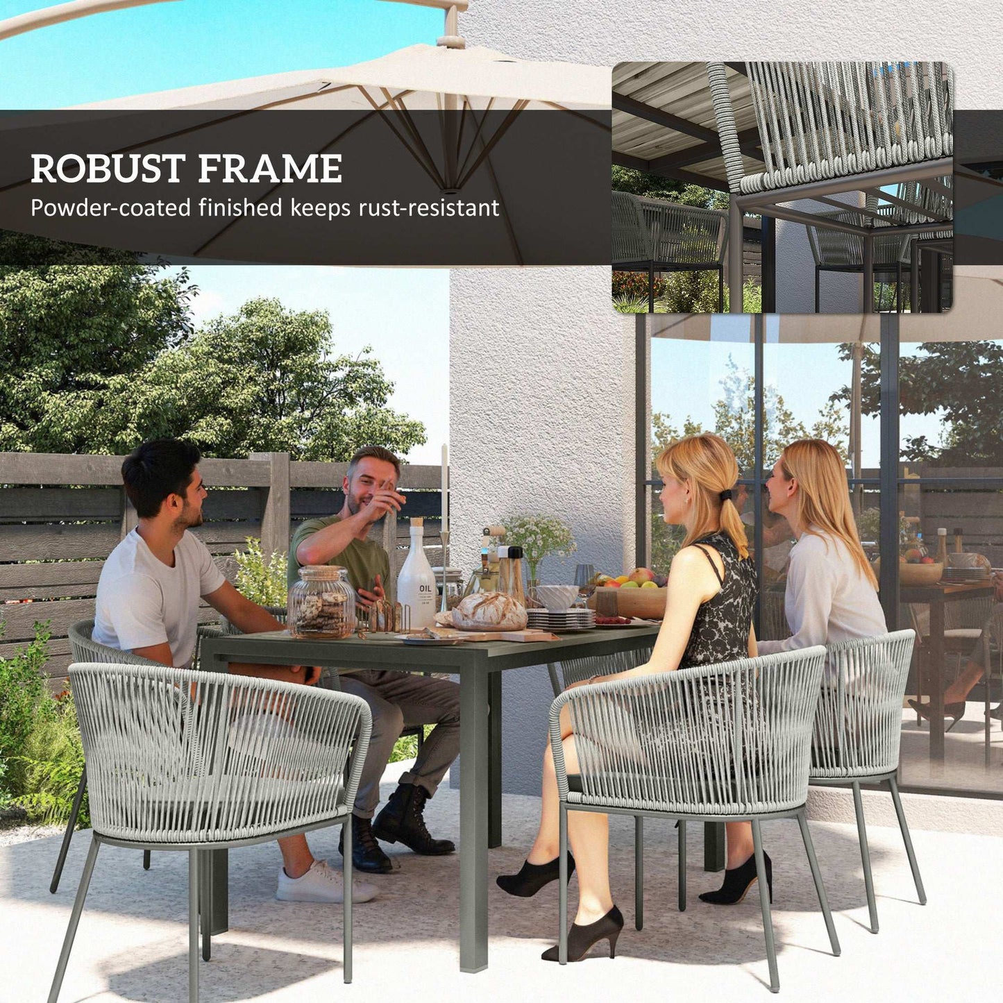 Rattan Dining 6 Seater Garden Furniture Set W/ Acacia Wood Top Rectangle Table, 6 Chairs for Outdoor, Patio, Conservatory, Grey