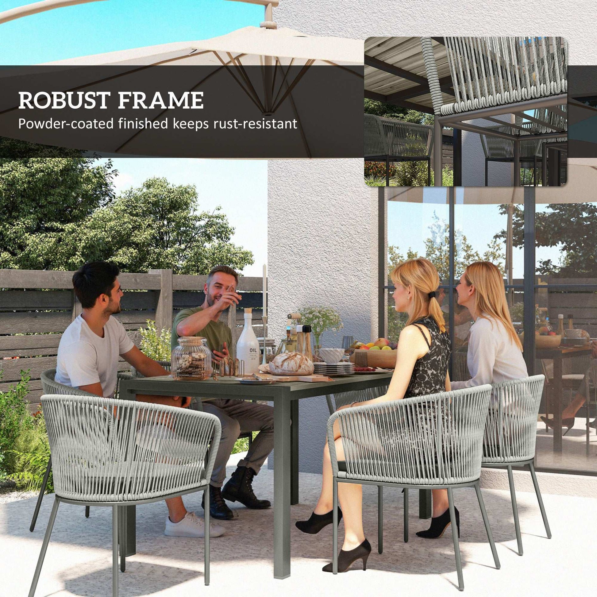 Rattan Dining 6 Seater Garden Furniture Set W/ Acacia Wood Top Rectangle Table, 6 Chairs for Outdoor, Patio, Conservatory, Grey