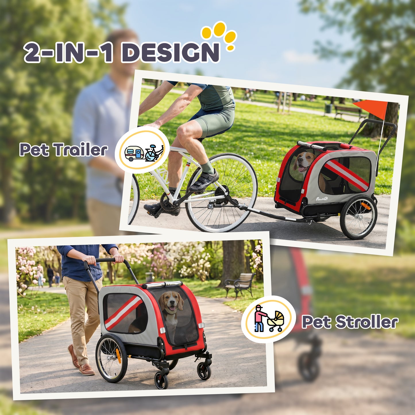 2-in-1 Dog Bike Trailer & Stroller | Mesh Windows | Plastic Curtain | Safety Harness, Flag & Reflectors | Foldable Quick-Release Wheels | Dogs up to 20kg | Red