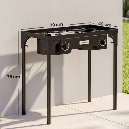 Outsunny Double Burner Camping Stove – 150,000 BTU High-Pressure Propane Gas Stove, Detachable Legs, Individual Heat Control, Regulator & Hose Included – Black