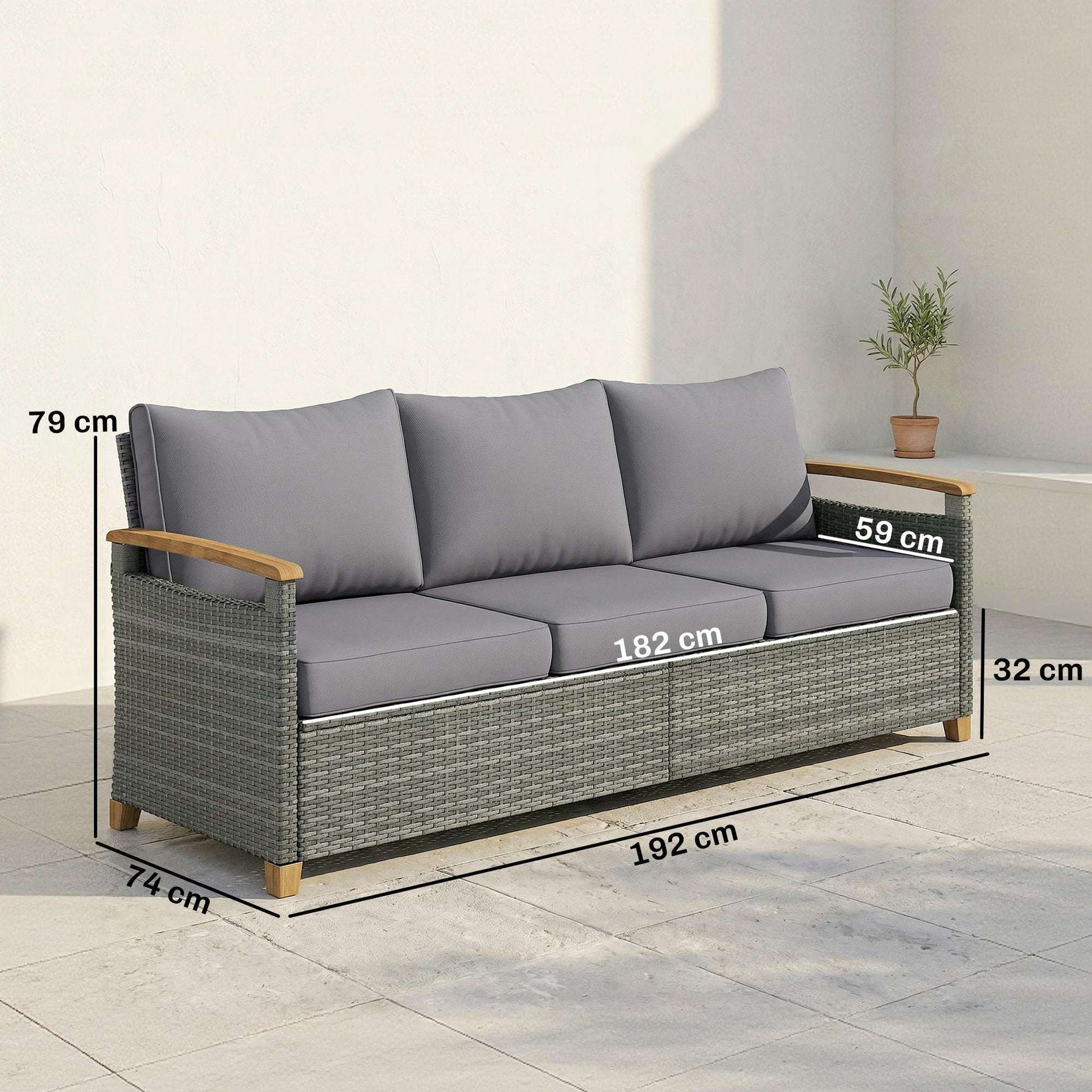 3-Seater Rattan Garden Sofa | PE Wicker | 10cm Seat Cushions | Washable Covers | Wood-Effect Arms | 360kg | All-Weather | Dark Grey