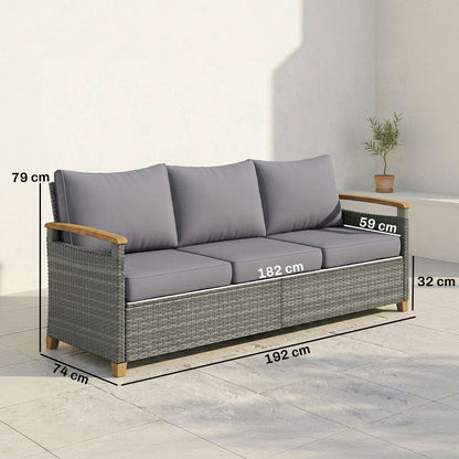 3-Seater Rattan Garden Sofa | PE Wicker | 10cm Seat Cushions | Washable Covers | Wood-Effect Arms | 360kg | All-Weather | Dark Grey