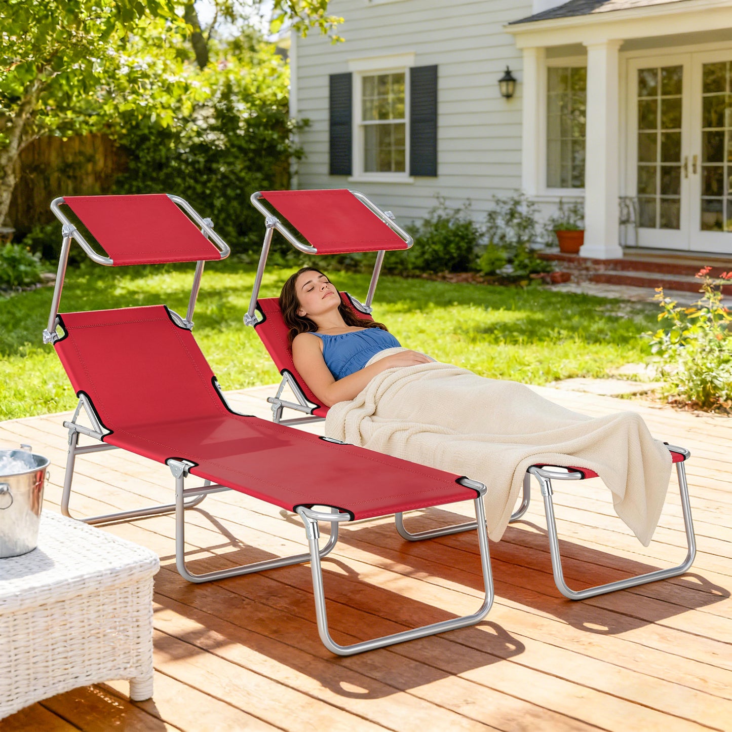 Set of 2 Folding Sun Loungers | 4 Position Adjustable Back | Oxford Fabric | Powder Coated Steel | Portable | 120kg | Red