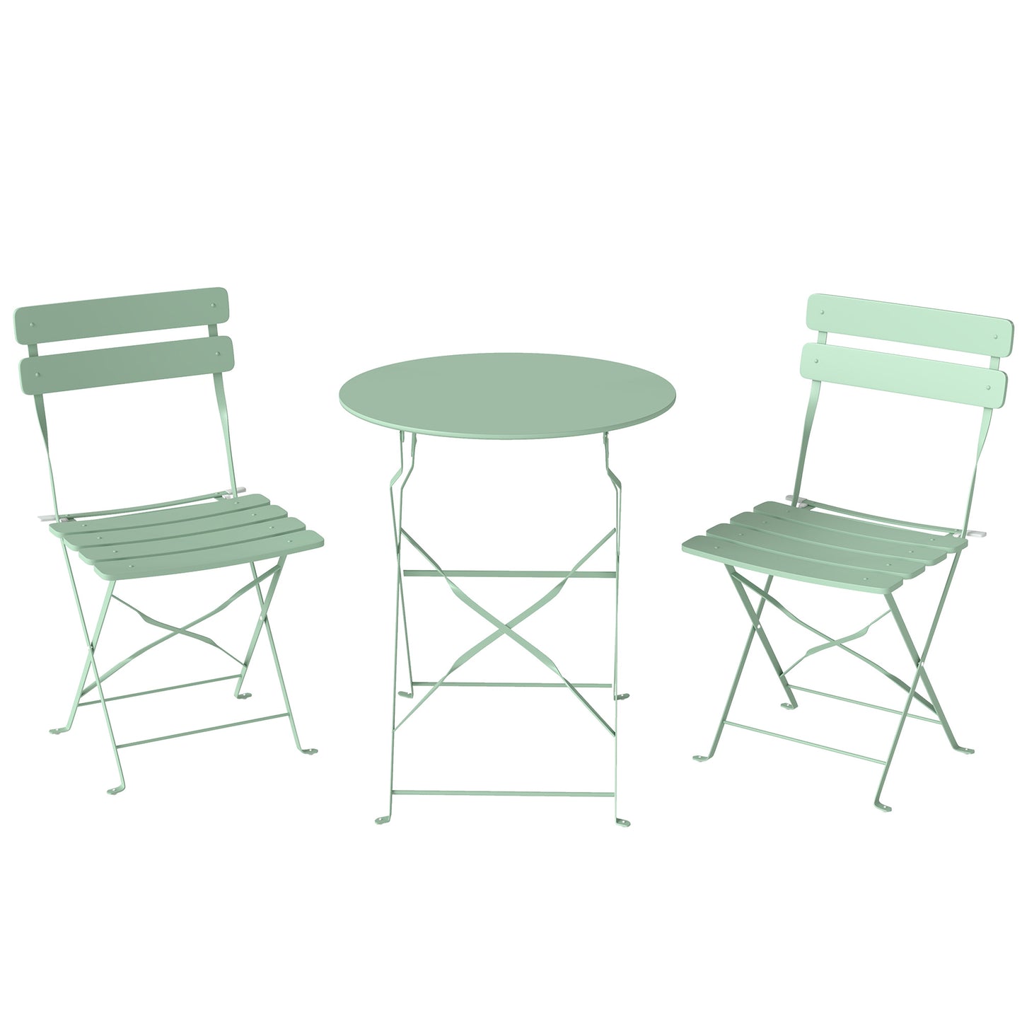 3 Piece Folding Garden Bistro Set | Round Table & 2 Chairs | Electrophoresis Powder Coated | Slatted Seat | No Assembly | 120kg | Light Green