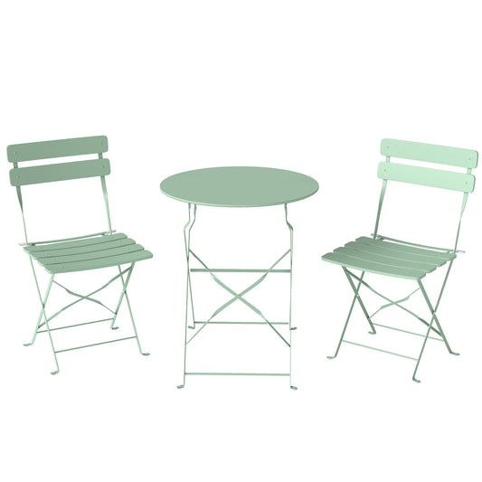 3 Piece Folding Garden Bistro Set | Round Table & 2 Chairs | Electrophoresis Powder Coated | Slatted Seat | No Assembly | 120kg | Light Green