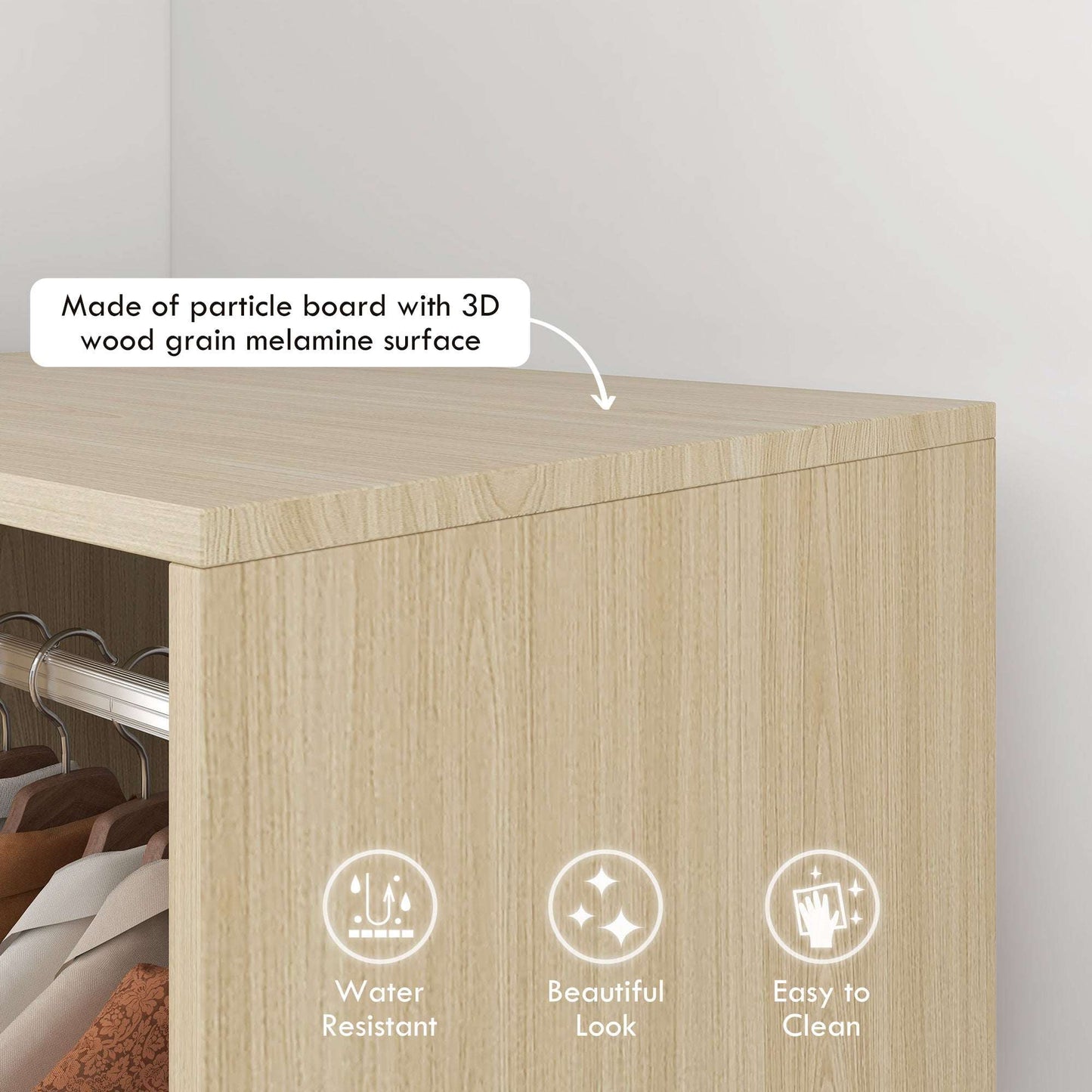 Open Wardrobe on Wheels | Clothes Hanging Rail | 2 Open Shelves | 4 Wheels 2 Lockable | 128x60x40cm | 25kg | Natural Wood Effect