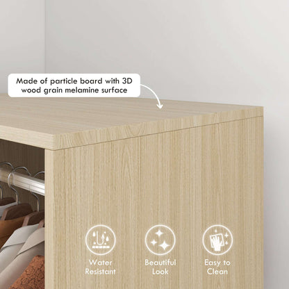 Open Wardrobe on Wheels | Clothes Hanging Rail | 2 Open Shelves | 4 Wheels 2 Lockable | 128x60x40cm | 25kg | Natural Wood Effect