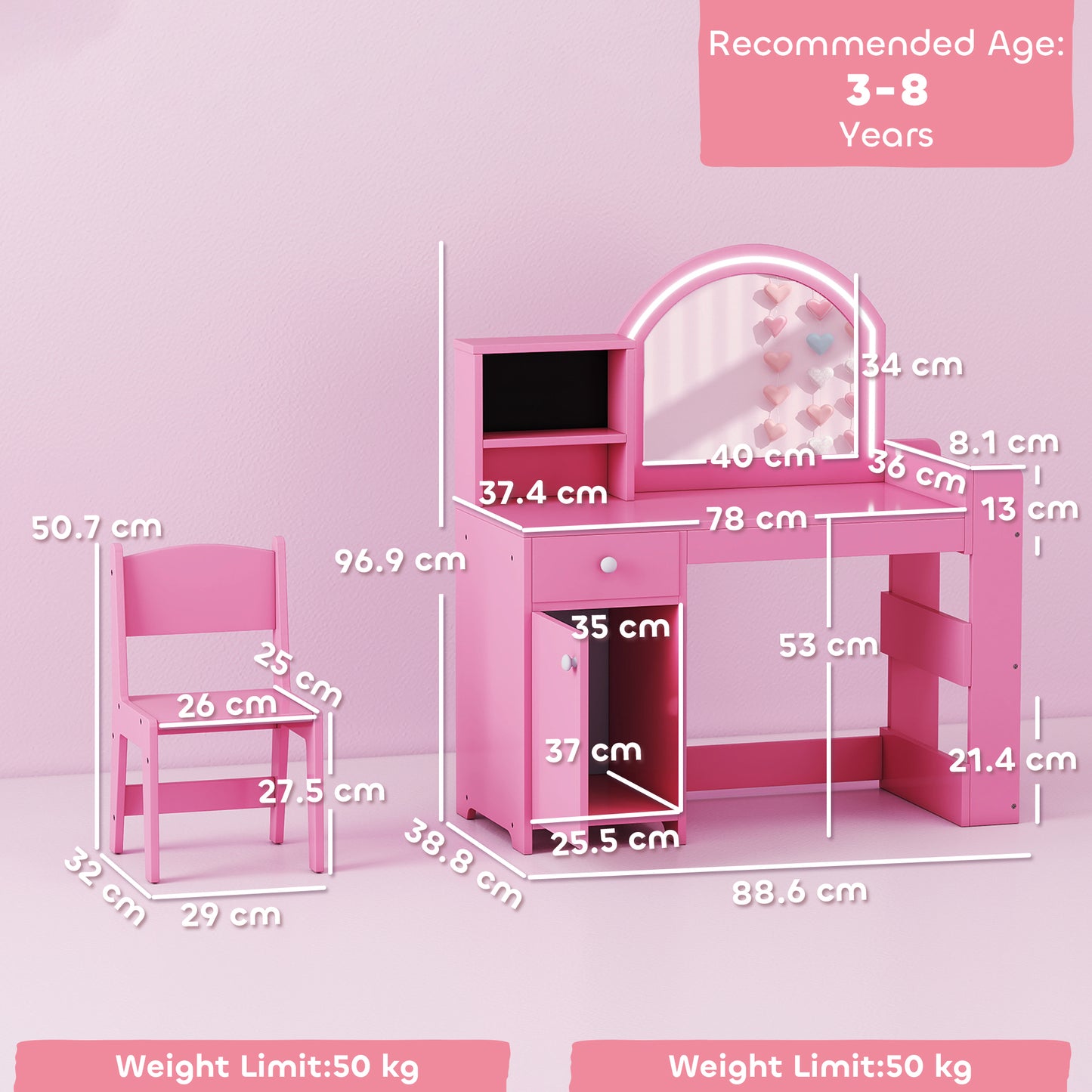 AIYAPLAY Kids Vanity Table and Chair Set, Girls Dressing Table with 2-Colour LED Mirror, Stool, Cabinet, Drawer, Shelves, Pink