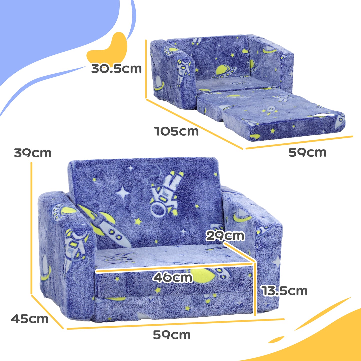AIYAPLAY 2 in 1 Kids Foldable Chair Bed with Glow in The Dark Cosmic Design, Washable Cushion and Cover, Blue