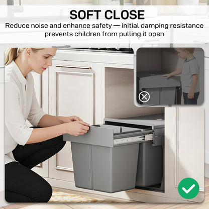 Pull Out Bin, Under Sink Bin - 2 Removable Compartments (15L Each) for 400mm Cabinets, Light Grey