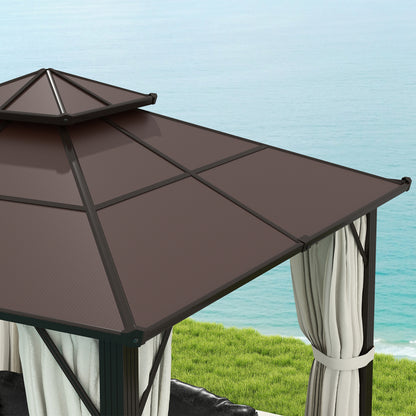 Outsunny 3 x 3(m) Hardtop Gazebo with Double Polycarbonate Roof, Garden Gazebo Permanent Pavilion with Mosquito Netting and Curtains for Patio, Deck, Beige