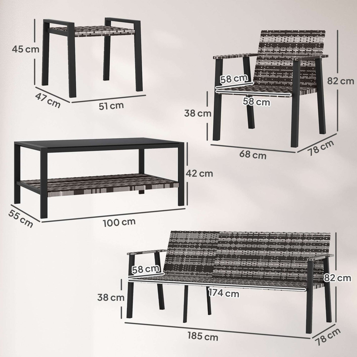 Outsunny 5 Piece Rattan Garden Furniture Set with 3-Seater Sofa 2 Chairs and 2 Footstools - Grey