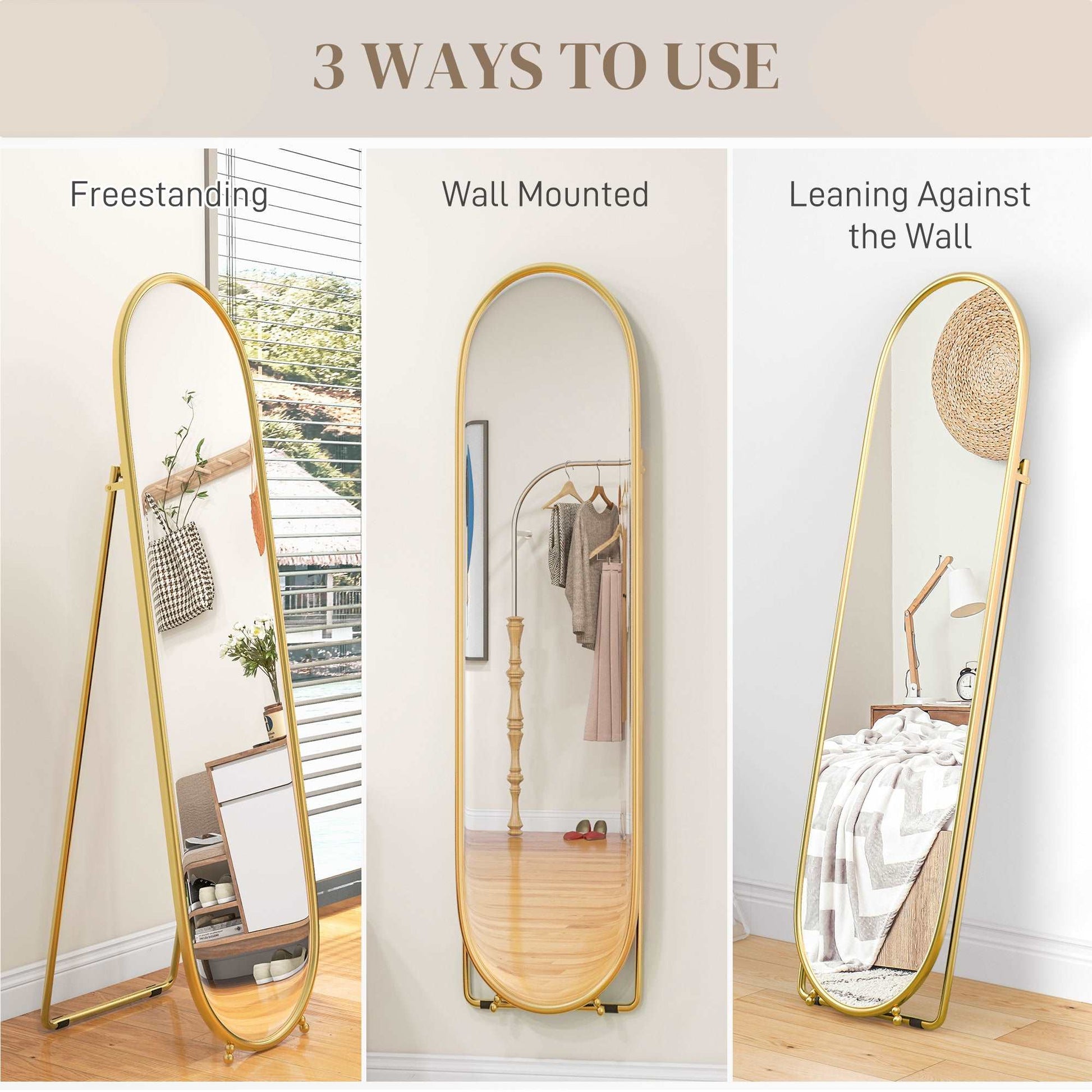 40 x 160cm Full Length Mirror, Floor Standing, Wall-Mounted or Leaning Against Wall Tall Mirror with Support Frame, Oval Full Body Mirror for Bedroom, Living Room, Gold Tone