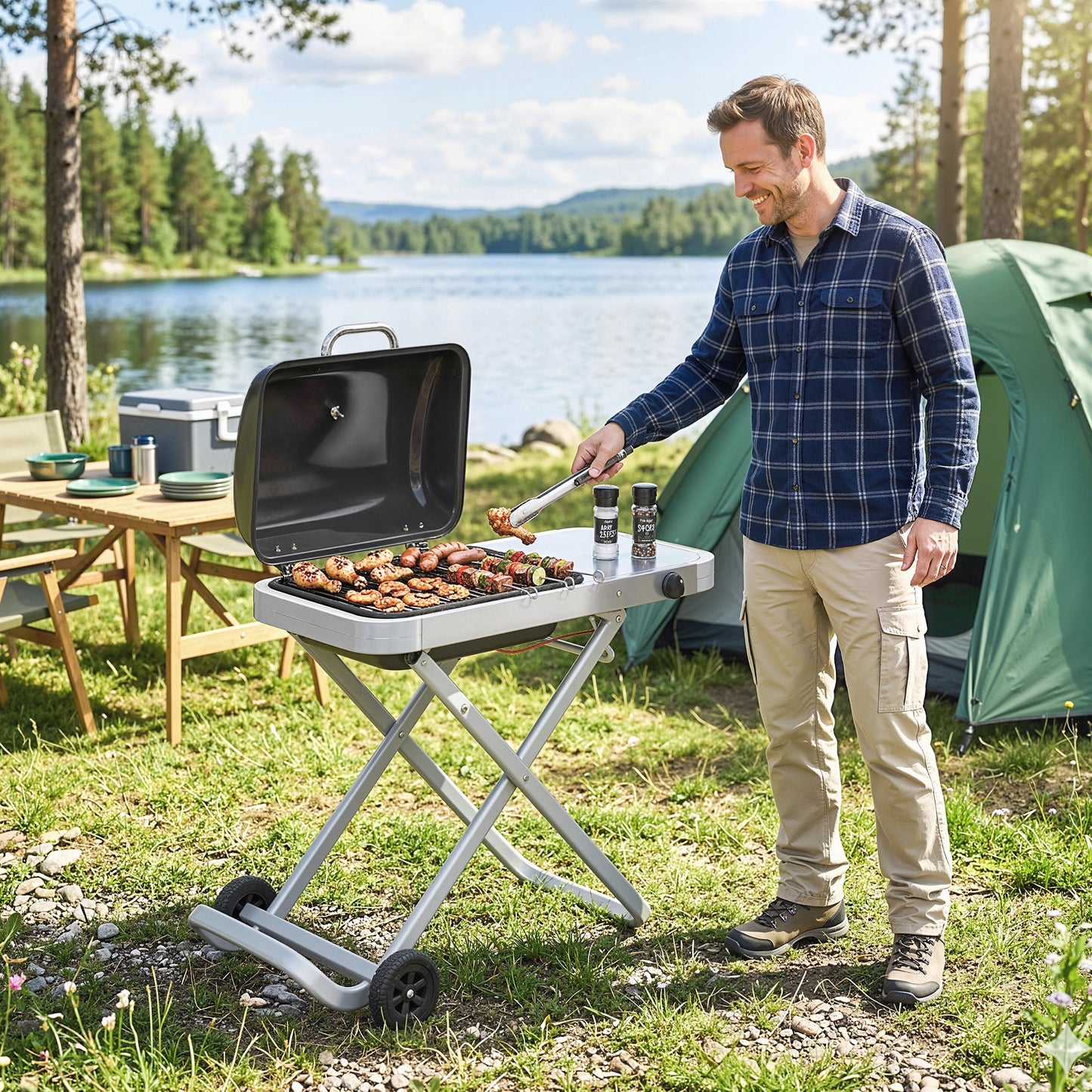 Foldable Suitcase Gas BBQ Grill | 2.5kW | 1800cm² | Wheeled | Side Table | Thermometer | Grease Tray | LPG/Propane | 109x55x89cm | Black