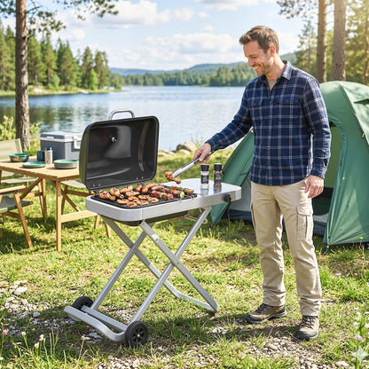 Foldable Suitcase Gas BBQ Grill | 2.5kW | 1800cm² | Wheeled | Side Table | Thermometer | Grease Tray | LPG/Propane | 109x55x89cm | Black