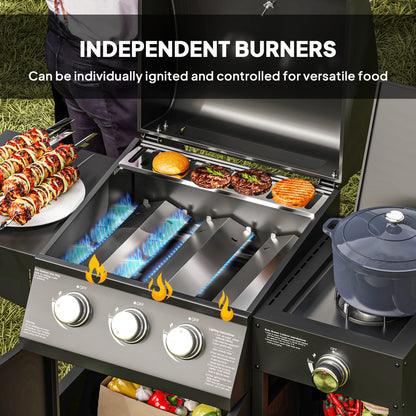 3+1 Burner Gas BBQ Grill with Storage Cabinet and Shelves, 11.6 kW Gas Barbecue Trolley with 6 Castor Wheels, Warming Rack, Thermometer