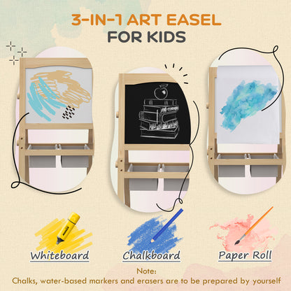 Kids Easel W/ Paper Roll, 3 in 1 Art Easel for Toddlers, Double-Sided Kids Whiteboard Blackboard with Storage Baskets for Ages 3-6 Years