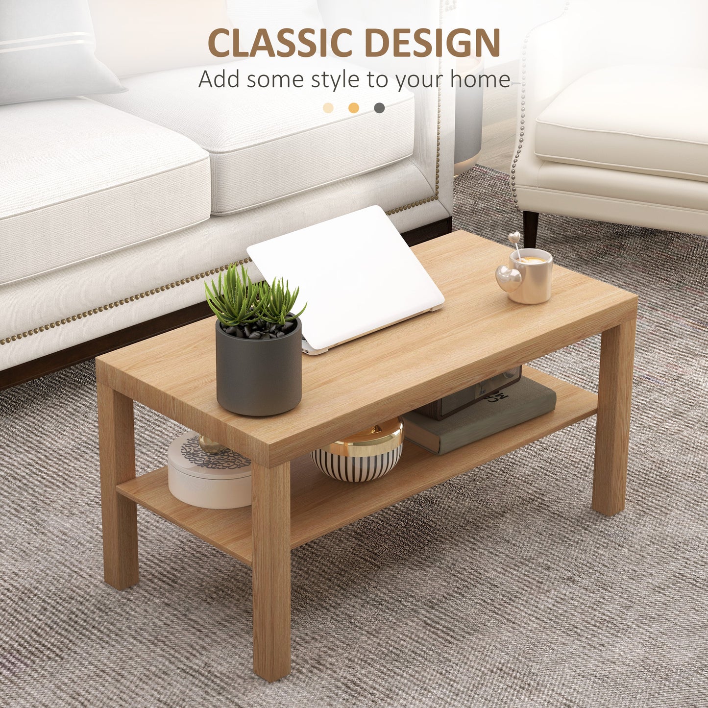 2-Tier Coffee Table with Storage Shelf, Rectangular Centre Table for Living Room, Home Office, Natural Wood Finish
