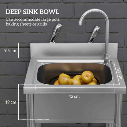 Outdoor Utility Sink, Free Standing Single Bowl Kitchen Sink with Cold and Hot Water Pipe and Storage Shelf for Laundry Garage, Silver Tone